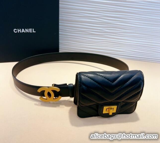 New Style Chanel Boy Chevron Lambskin Pouch Belt with CC 0708 Black 2024