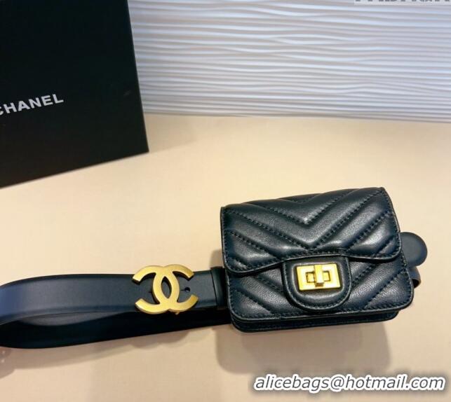 New Style Chanel Boy Chevron Lambskin Pouch Belt with CC 0708 Black 2024