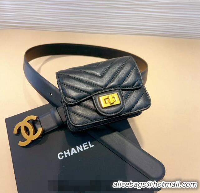 New Style Chanel Boy Chevron Lambskin Pouch Belt with CC 0708 Black 2024