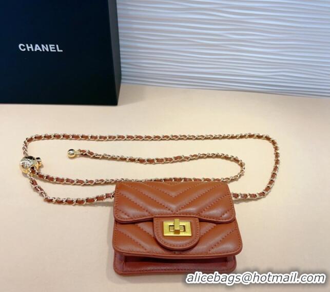 Buy Fashionable Chanel Boy Chevron Lambskin Chain Belt Bag 0708 Brown 2024