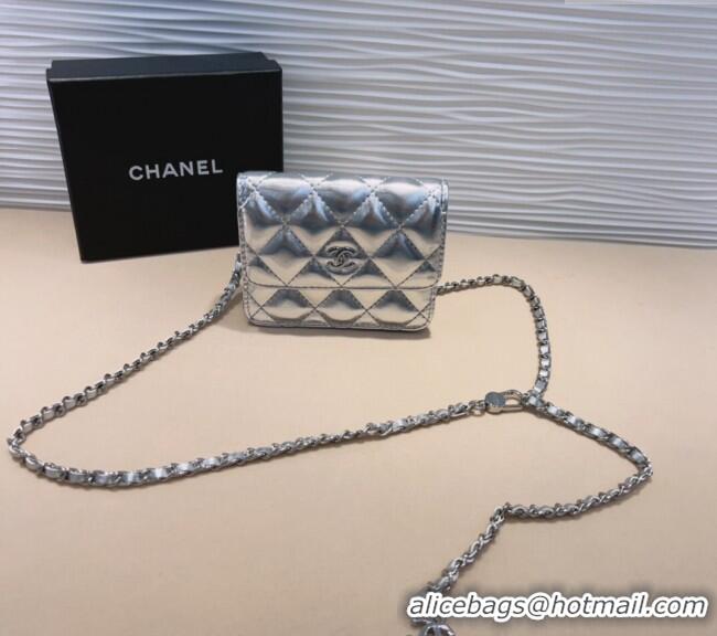 New Style Chanel Lambskin Chain Mini Belt Bag 0708 Silver 2024