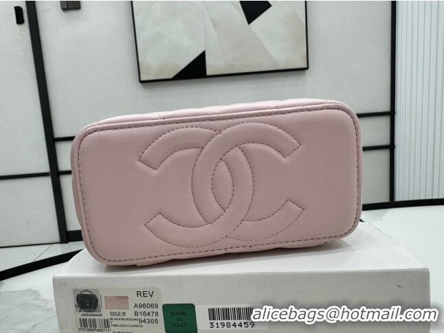 New Design Chanel Lambskin Vanity Case Clutch with Chain A96069 Pink 2024