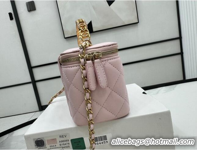 New Design Chanel Lambskin Vanity Case Clutch with Chain A96069 Pink 2024