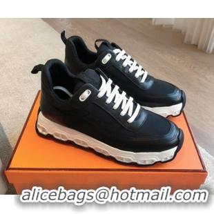 Charming Hermes Impulse Sneakers in Parachute Fabric and Calfskin Black 606014