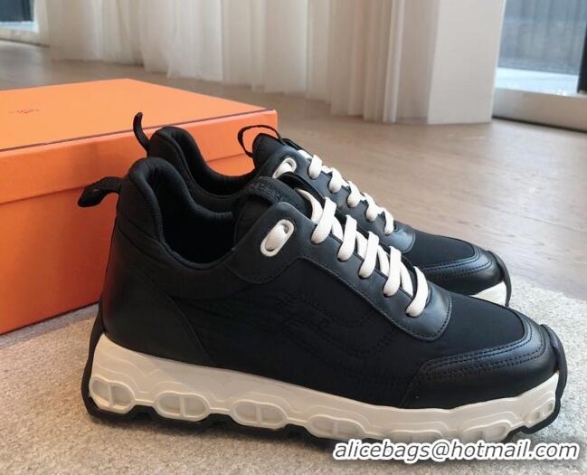 Charming Hermes Impulse Sneakers in Parachute Fabric and Calfskin Black 606014