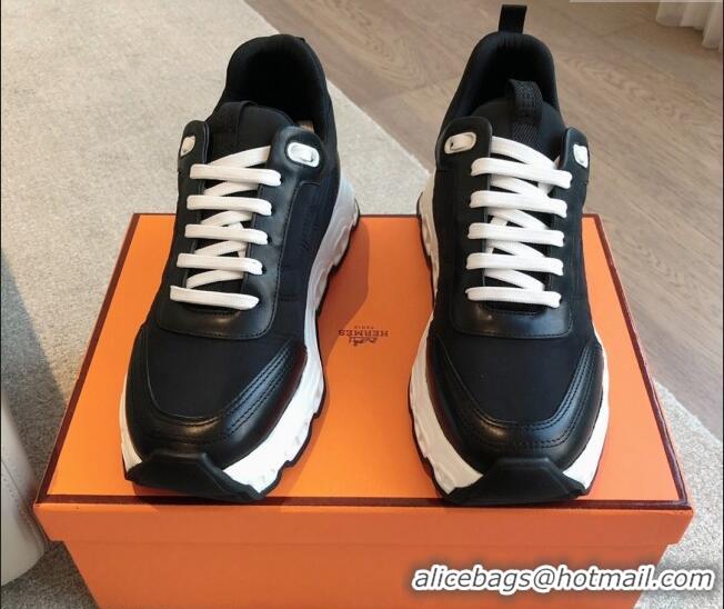 Charming Hermes Impulse Sneakers in Parachute Fabric and Calfskin Black 606014