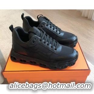 Top Design Hermes Impulse Sneakers in Parachute Fabric and Calfskin All Black 606017