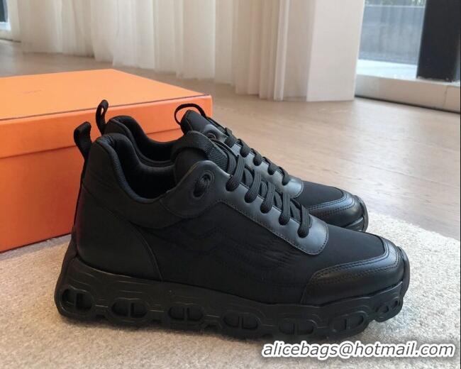 Top Design Hermes Impulse Sneakers in Parachute Fabric and Calfskin All Black 606017