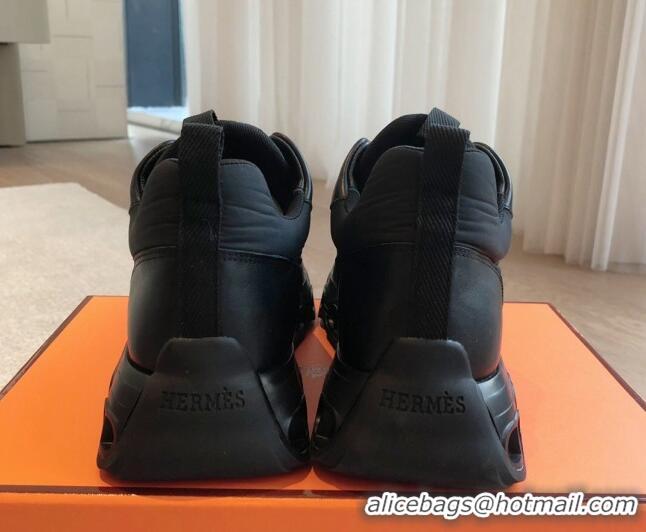 Top Design Hermes Impulse Sneakers in Parachute Fabric and Calfskin All Black 606017