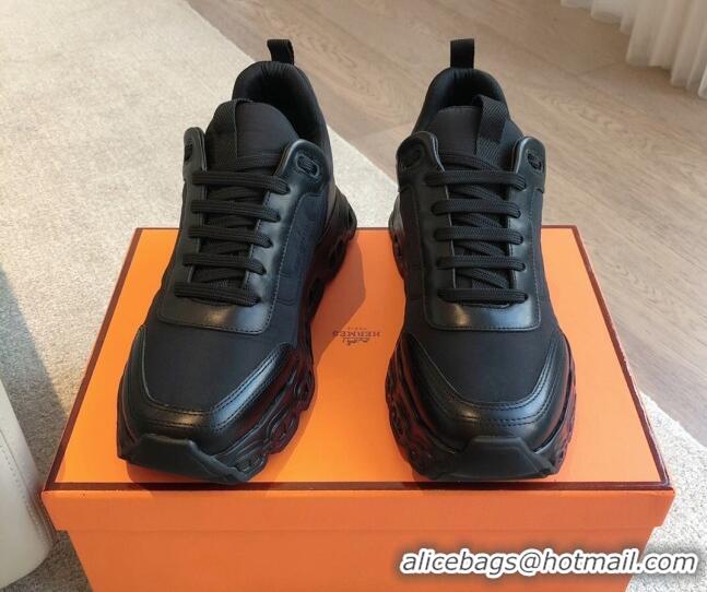 Top Design Hermes Impulse Sneakers in Parachute Fabric and Calfskin All Black 606017