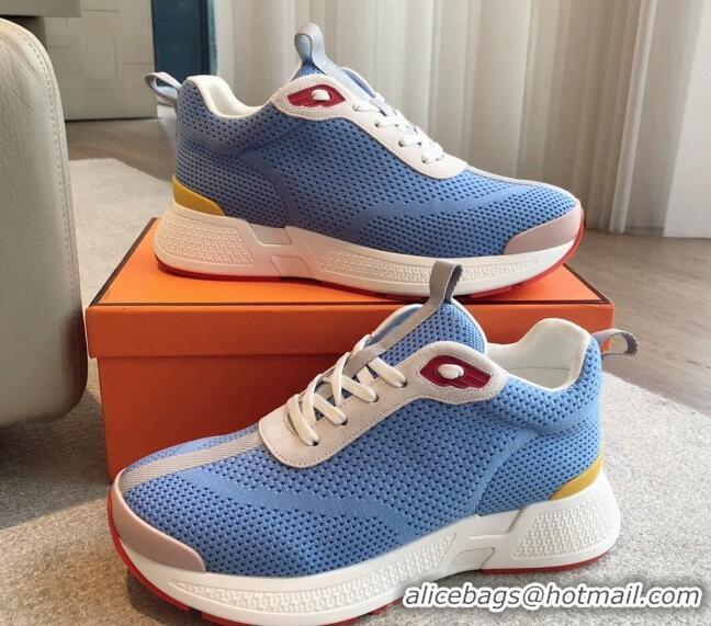 Sophisticated Hermes Heros Sneakers in Knit and Suede Light Blue 606019