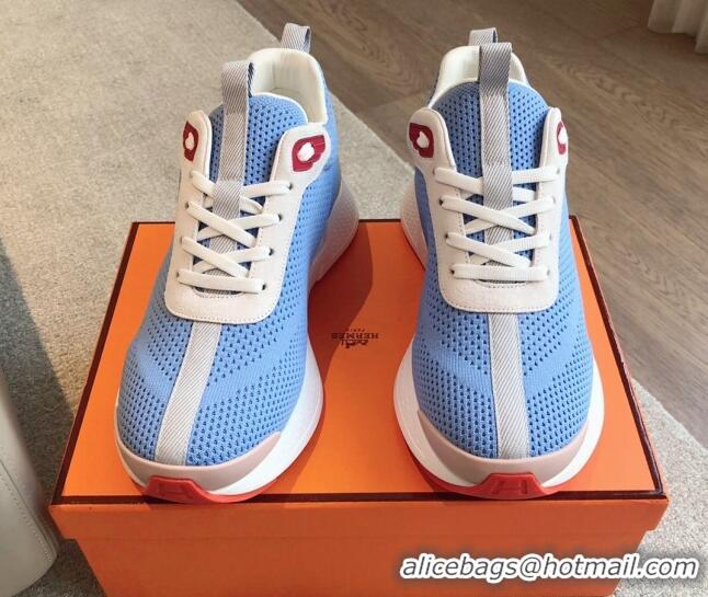 Sophisticated Hermes Heros Sneakers in Knit and Suede Light Blue 606019