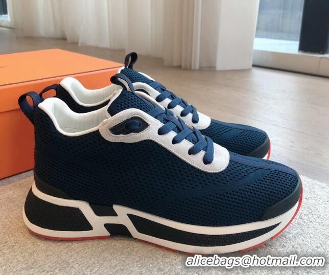 Stylish Hermes Heros Sneakers in Knit and Suede Peacock Blue 606020