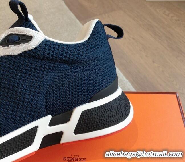 Stylish Hermes Heros Sneakers in Knit and Suede Peacock Blue 606020