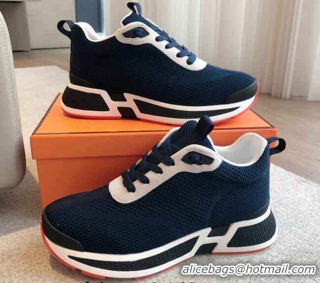 Stylish Hermes Heros Sneakers in Knit and Suede Peacock Blue 606020