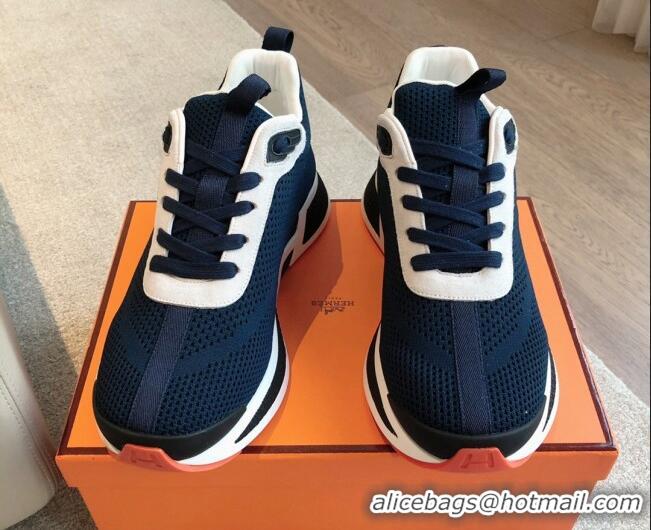 Stylish Hermes Heros Sneakers in Knit and Suede Peacock Blue 606020