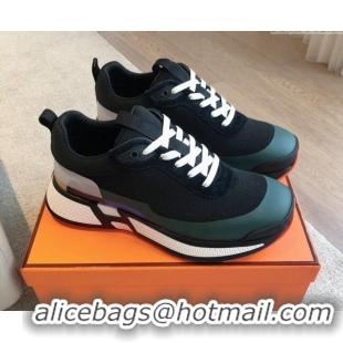 Sumptuous Hermes Heros Sneakers in Knit and Suede Black/Green 606023