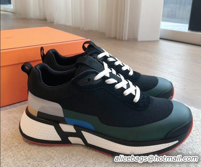 Sumptuous Hermes Heros Sneakers in Knit and Suede Black/Green 606023