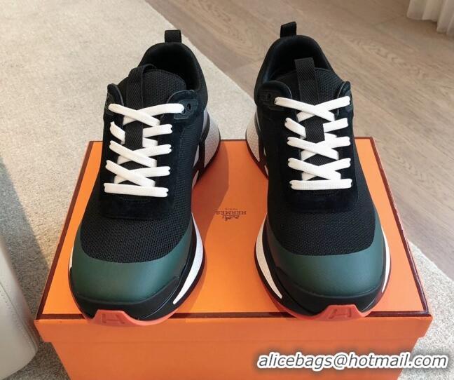 Sumptuous Hermes Heros Sneakers in Knit and Suede Black/Green 606023