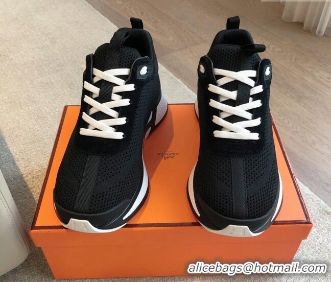 Good Quality Hermes Heros Sneakers in Knit and Suede Black/White 606024