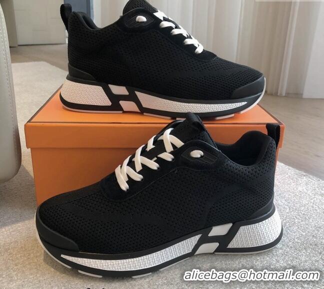 Good Quality Hermes Heros Sneakers in Knit and Suede Black/White 606024