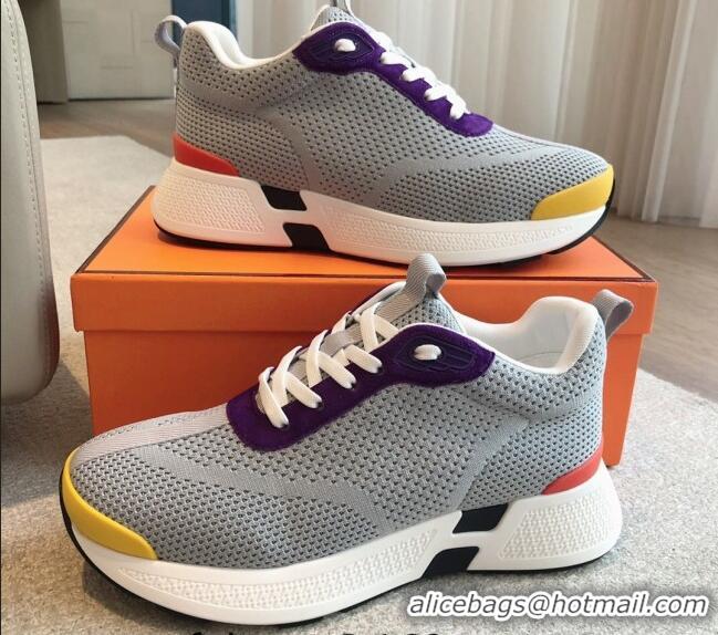 Good Quality Hermes Heros Sneakers in Knit and Suede Grey/Purple 606025