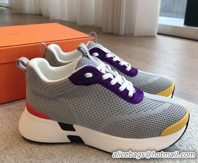 Good Quality Hermes Heros Sneakers in Knit and Suede Grey/Purple 606025