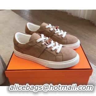 Charming Hermes Day Sneakers in Suede with Kelly Buckle Light Brown 606030