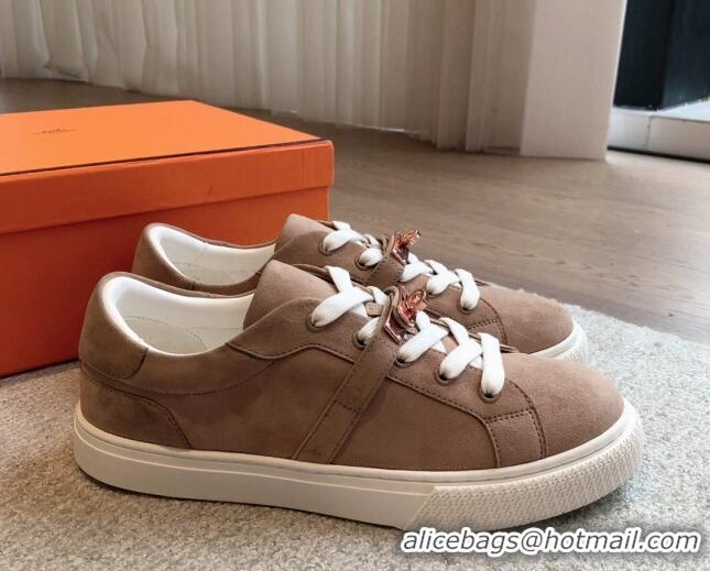 Charming Hermes Day Sneakers in Suede with Kelly Buckle Light Brown 606030