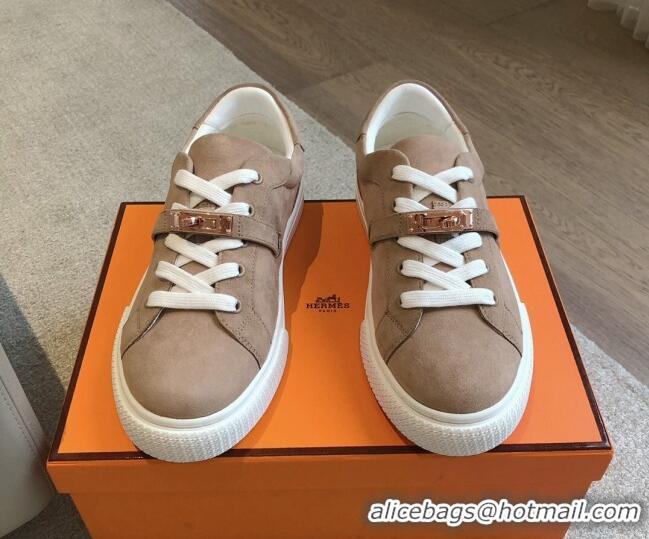 Charming Hermes Day Sneakers in Suede with Kelly Buckle Light Brown 606030