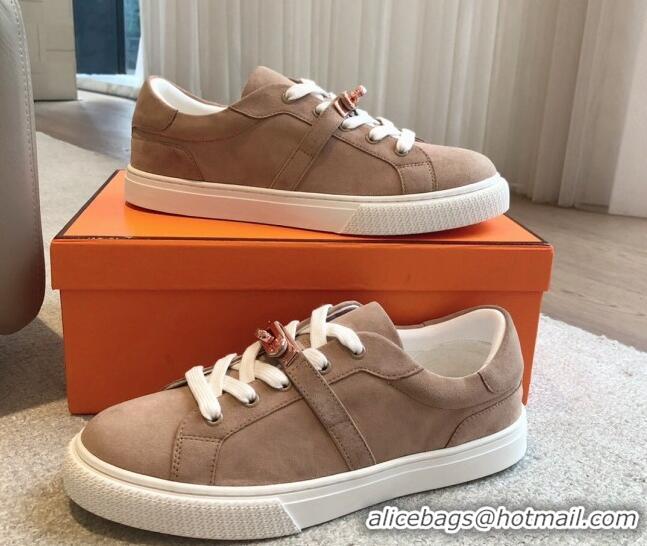 Charming Hermes Day Sneakers in Suede with Kelly Buckle Light Brown 606030