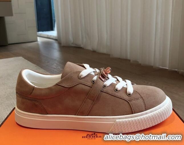 Charming Hermes Day Sneakers in Suede with Kelly Buckle Light Brown 606030