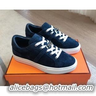 Best Grade Hermes Day Sneakers in Suede with Kelly Buckle Dark Blue 606031