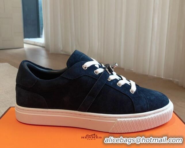 Best Grade Hermes Day Sneakers in Suede with Kelly Buckle Dark Blue 606031