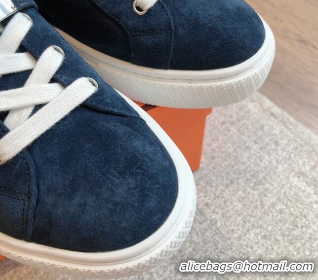 Best Grade Hermes Day Sneakers in Suede with Kelly Buckle Dark Blue 606031