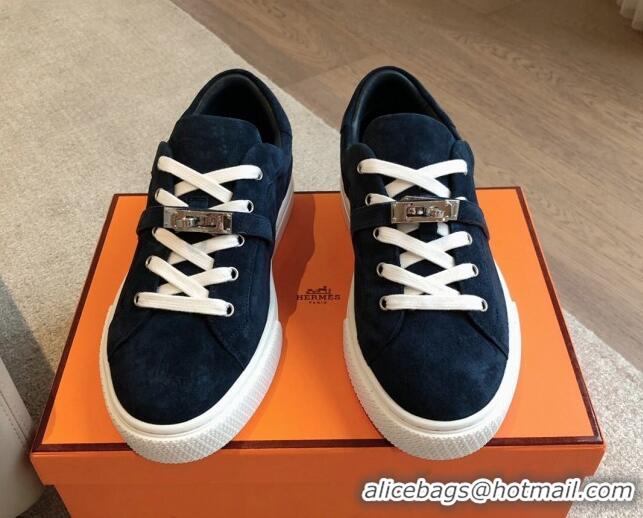 Best Grade Hermes Day Sneakers in Suede with Kelly Buckle Dark Blue 606031