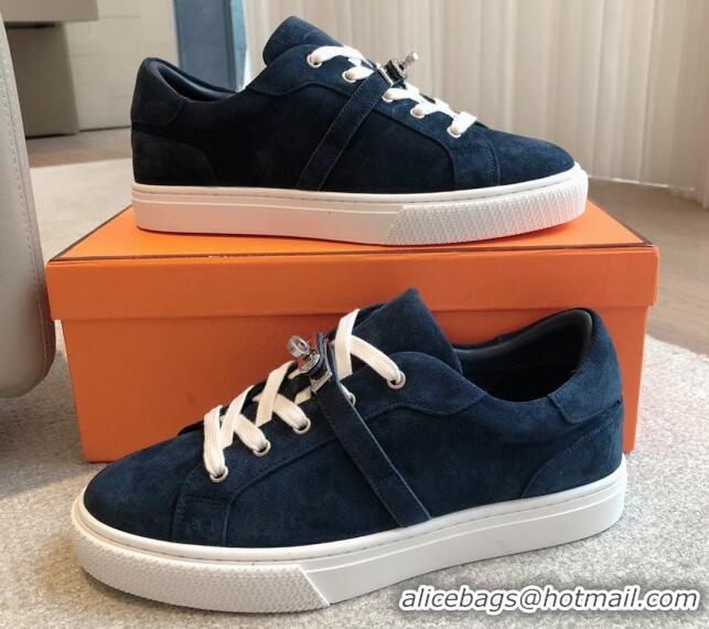 Best Grade Hermes Day Sneakers in Suede with Kelly Buckle Dark Blue 606031