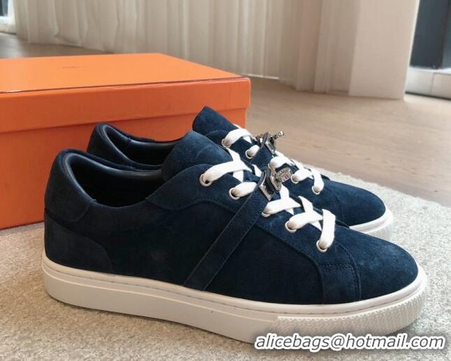 Best Grade Hermes Day Sneakers in Suede with Kelly Buckle Dark Blue 606031