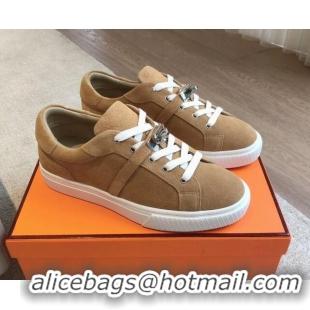 Stylish Hermes Day Sneakers in Suede with Kelly Buckle Camel Brown 606032