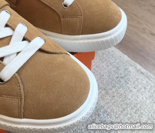 Stylish Hermes Day Sneakers in Suede with Kelly Buckle Camel Brown 606032