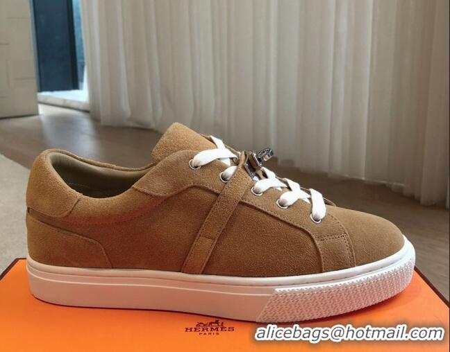 Stylish Hermes Day Sneakers in Suede with Kelly Buckle Camel Brown 606032