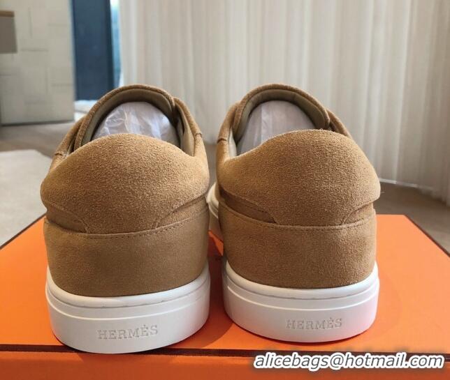 Stylish Hermes Day Sneakers in Suede with Kelly Buckle Camel Brown 606032