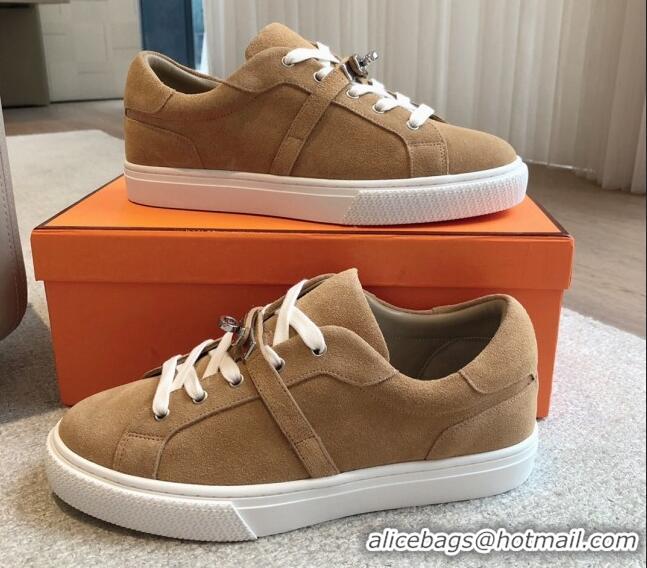 Stylish Hermes Day Sneakers in Suede with Kelly Buckle Camel Brown 606032