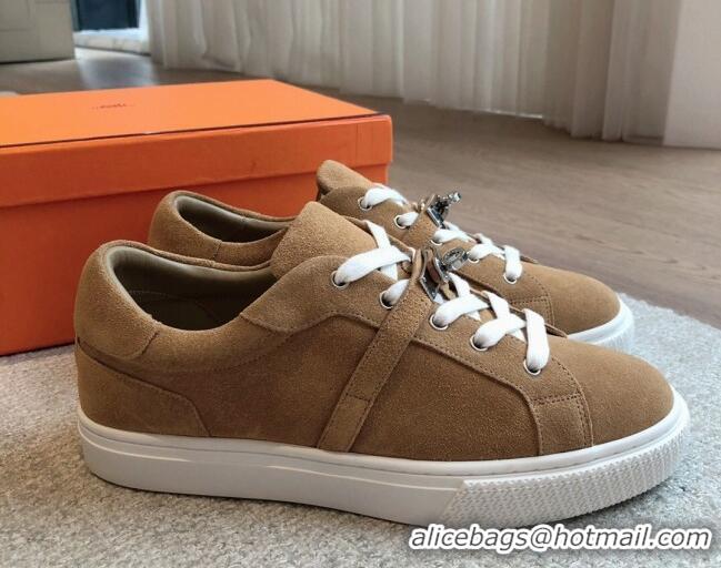 Stylish Hermes Day Sneakers in Suede with Kelly Buckle Camel Brown 606032