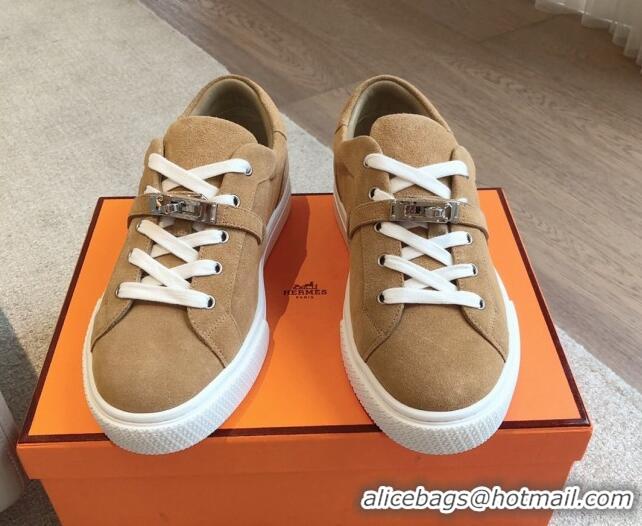 Stylish Hermes Day Sneakers in Suede with Kelly Buckle Camel Brown 606032