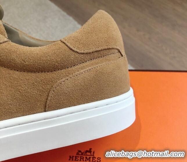 Stylish Hermes Day Sneakers in Suede with Kelly Buckle Camel Brown 606032