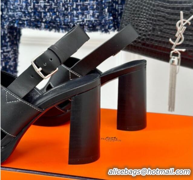 Inexpensive Hermes Elbe High Heel Sandals 9.5cm in Smooth Calfskin Black 606033