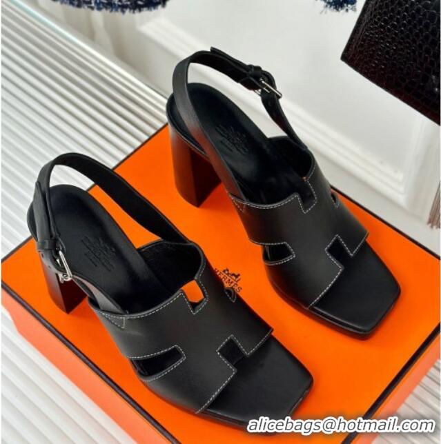 Inexpensive Hermes Elbe High Heel Sandals 9.5cm in Smooth Calfskin Black 606033