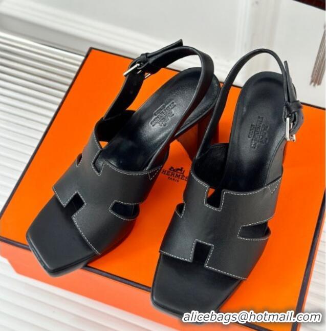 Inexpensive Hermes Elbe High Heel Sandals 9.5cm in Smooth Calfskin Black 606033