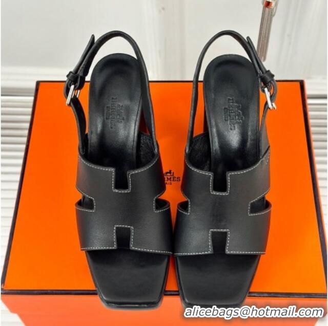 Inexpensive Hermes Elbe High Heel Sandals 9.5cm in Smooth Calfskin Black 606033